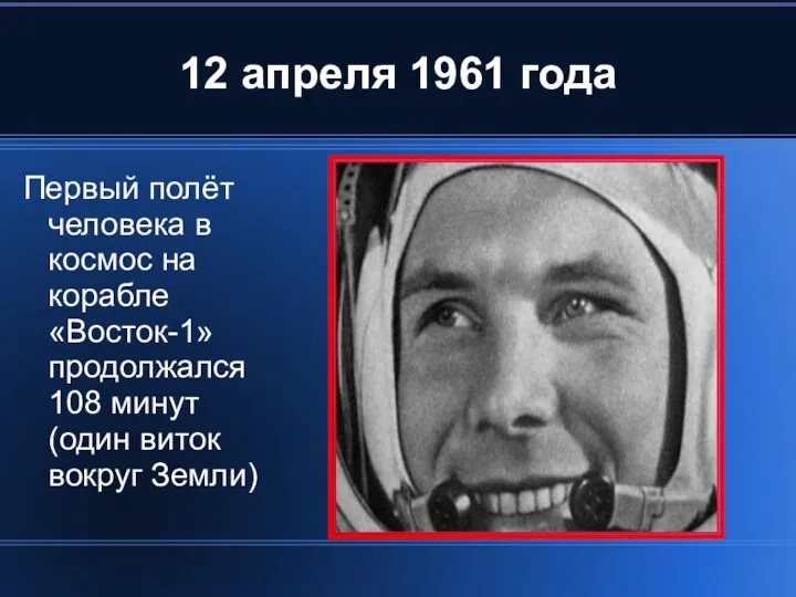 12 апреля 1961 года Первый полёт человека в космос на