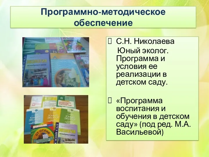 Программно-методическое обеспечение С.Н. Николаева Юный эколог. Программа и условия ее реализации в детском