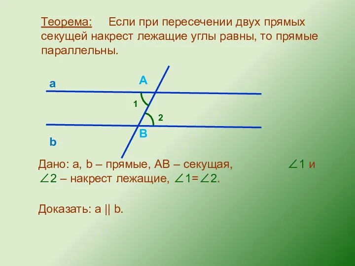 Теорема: Если при пересечении двух прямых секущей накрест лежащие углы