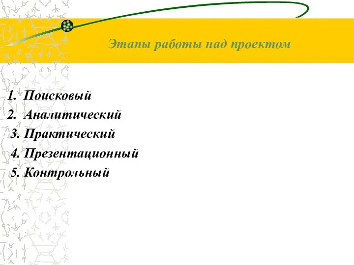 Поисковый Аналитический 3. Практический 4. Презентационный 5. Контрольный Этапы работы над проектом