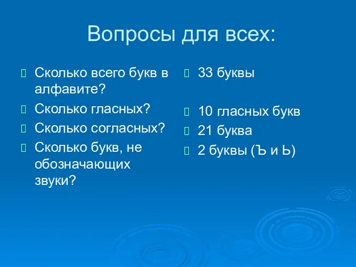 Вопросы для всех: Сколько всего букв в алфавите? Сколько гласных?