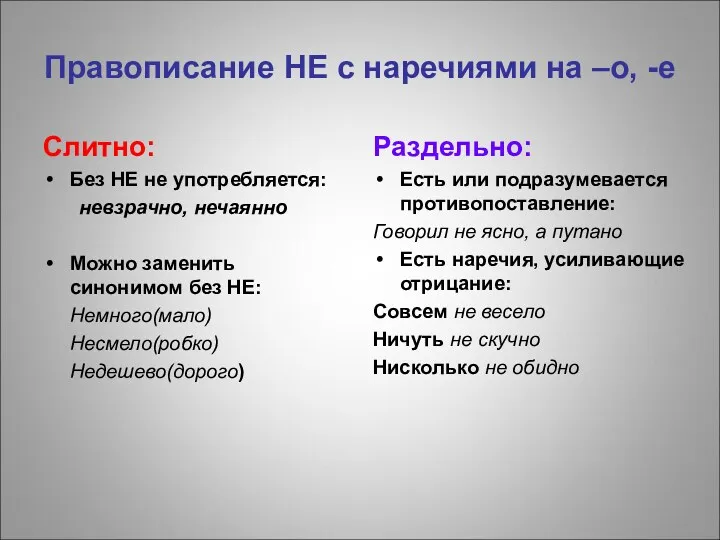 Правописание НЕ с наречиями на –о, -е Слитно: Без НЕ