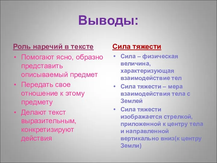 Выводы: Роль наречий в тексте Помогают ясно, образно представить описываемый