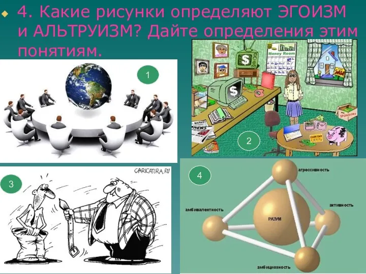 4. Какие рисунки определяют ЭГОИЗМ и АЛЬТРУИЗМ? Дайте определения этим понятиям. 1 2 4 3