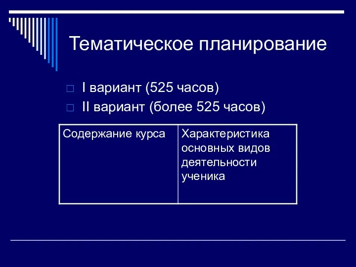 Тематическое планирование I вариант (525 часов) II вариант (более 525 часов)