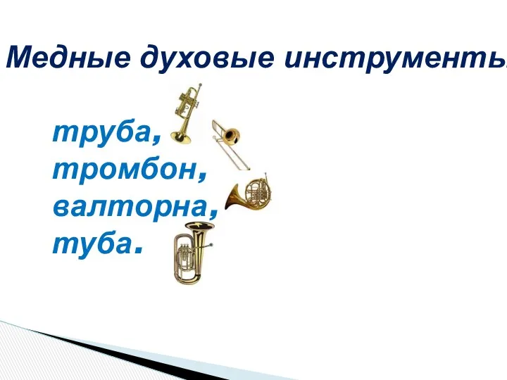 Медные духовые инструменты: труба, тромбон, валторна, туба.