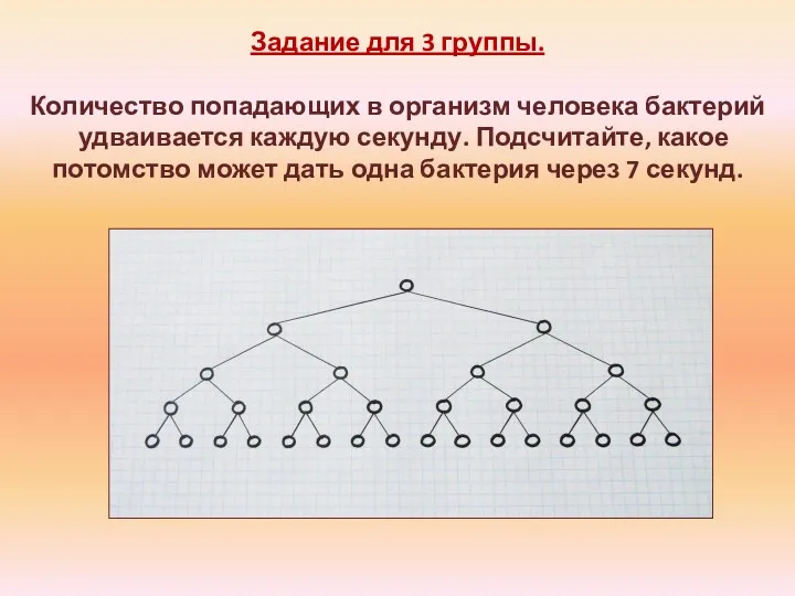 Задание для 3 группы. Количество попадающих в организм человека бактерий удваивается каждую секунду.