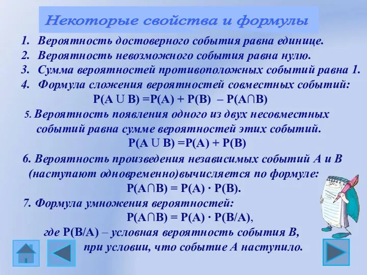 Некоторые свойства и формулы Вероятность достоверного события равна единице. Вероятность