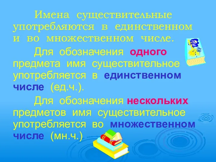 Имена существительные употребляются в единственном и во множественном числе. Для