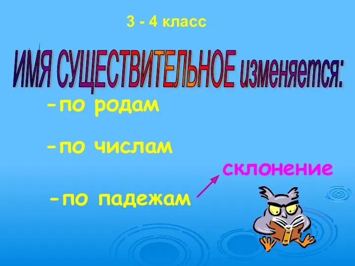 -по родам -по числам -по падежам ИМЯ СУЩЕСТВИТЕЛЬНОЕ изменяется: склонение 3 - 4 класс