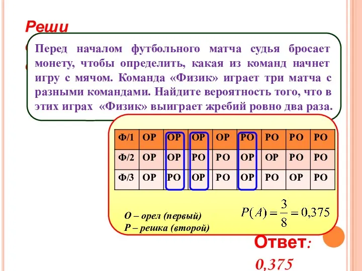 Реши самостоятельно! Перед началом футбольного матча судья бросает монету, чтобы