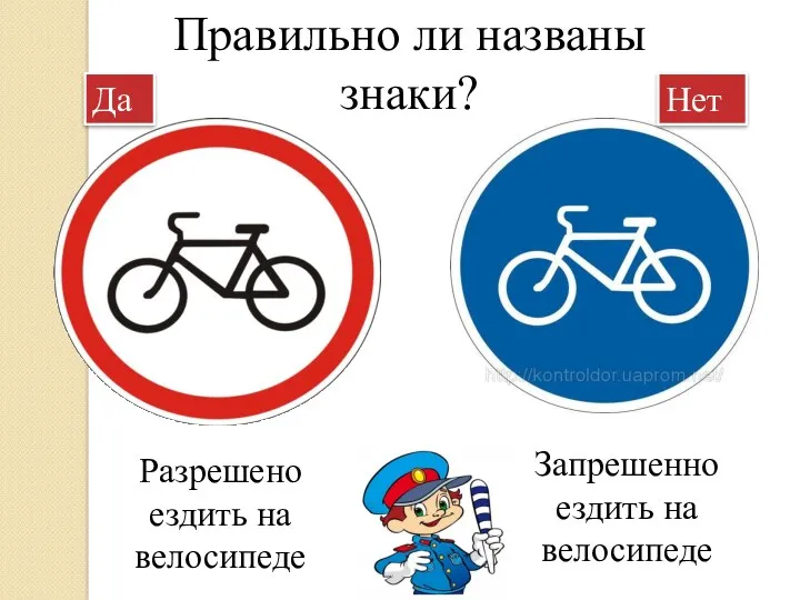 Правильно ли названы знаки? Разрешено ездить на велосипеде Запрешенно ездить на велосипеде Да Нет