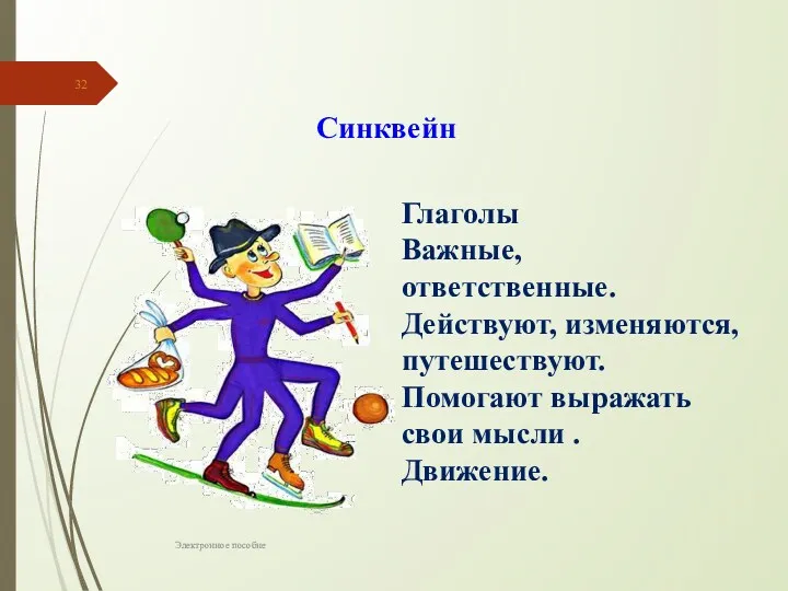 Электронное пособие Синквейн Глаголы Важные, ответственные. Действуют, изменяются, путешествуют. Помогают выражать свои мысли . Движение.