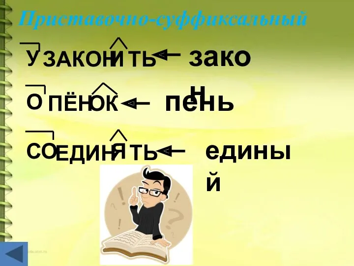 ЗАКОН У И ТЬ ПЁН О ОК ЕДИН СО Я ТЬ Приставочно-суффиксальный закон пень единый