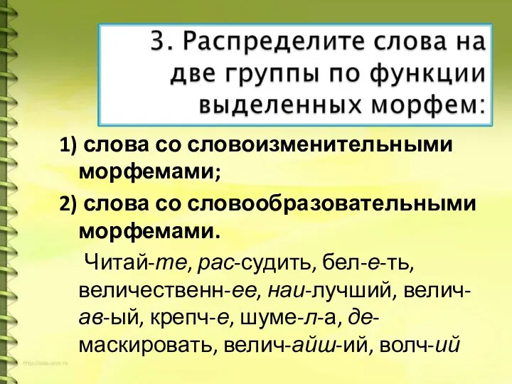 1) слова со словоизменительными морфемами; 2) слова со словообразовательными морфемами.