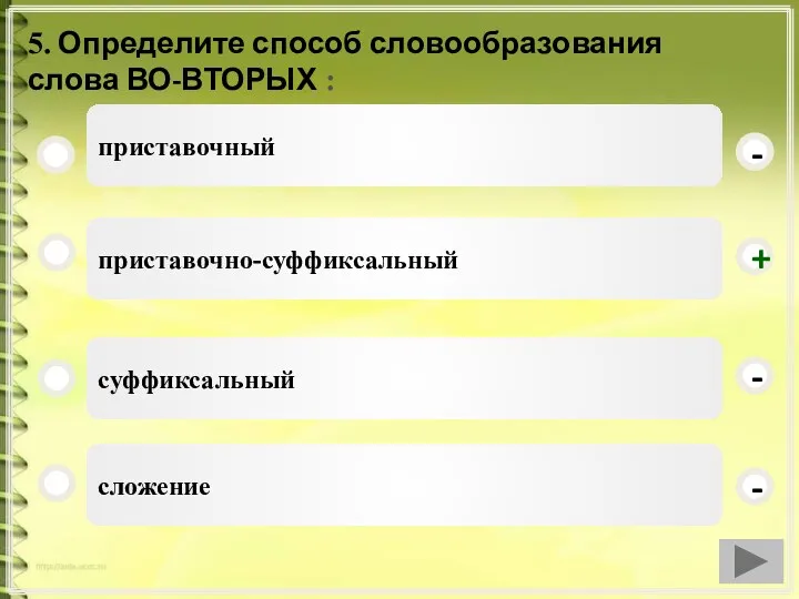 5. Определите способ словообразования слова ВО-ВТОРЫХ : приставочно-суффиксальный суффиксальный сложение приставочный - - + -