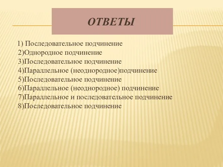 Ответы 1) Последовательное подчинение 2)Однородное подчинение 3)Последовательное подчинение 4)Параллельное (неоднородное)подчинение