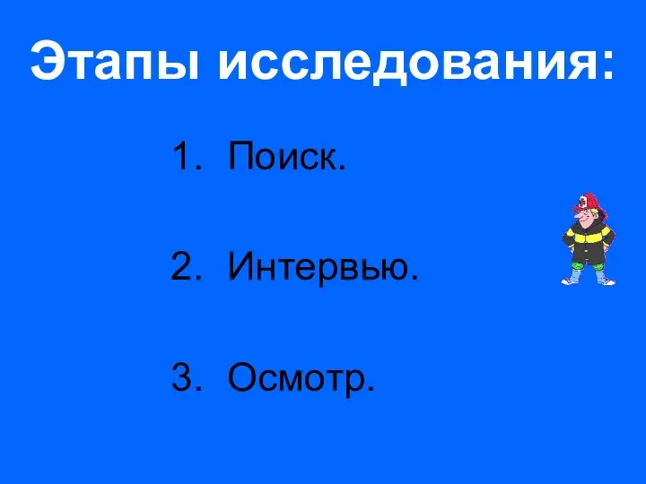 Этапы исследования: Поиск. Интервью. Осмотр.