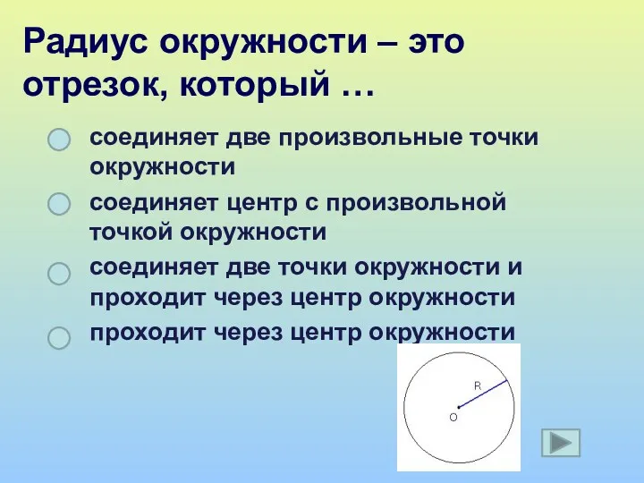 Радиус окружности – это отрезок, который … соединяет две произвольные