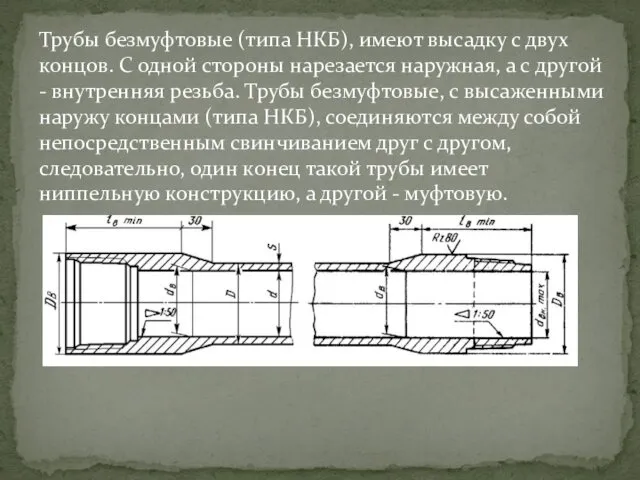 Трубы безмуфтовые (типа НКБ), имеют высадку с двух концов. С