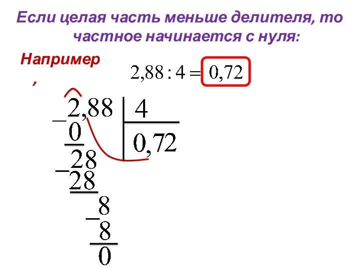 Если целая часть меньше делителя, то частное начинается с нуля: Например,