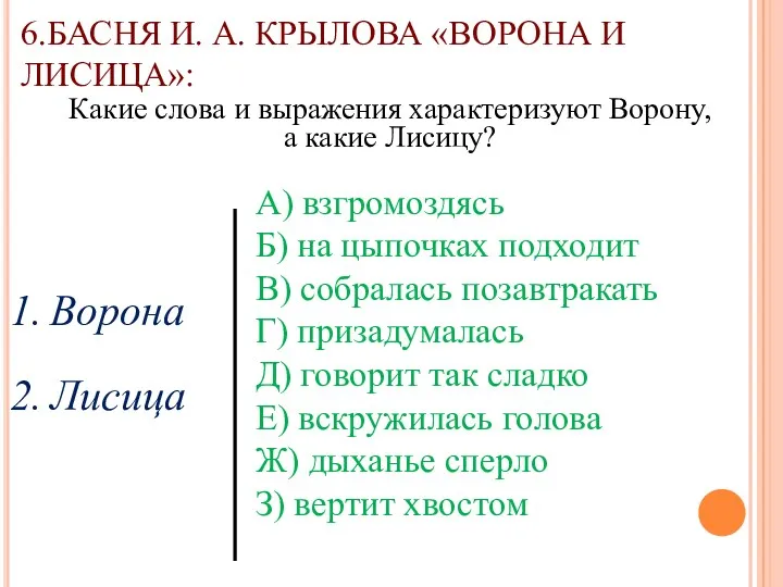 6.БАСНЯ И. А. КРЫЛОВА «ВОРОНА И ЛИСИЦА»: Какие слова и