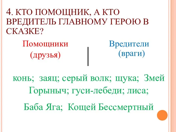 4. КТО ПОМОЩНИК, А КТО ВРЕДИТЕЛЬ ГЛАВНОМУ ГЕРОЮ В СКАЗКЕ?