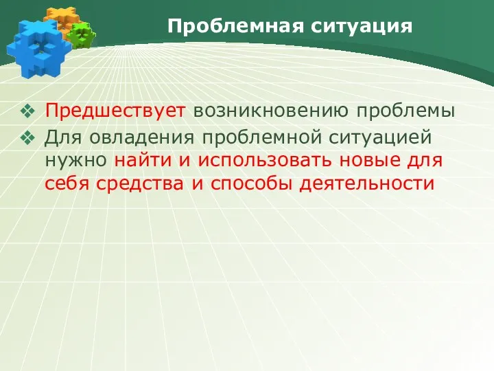 Проблемная ситуация Предшествует возникновению проблемы Для овладения проблемной ситуацией нужно