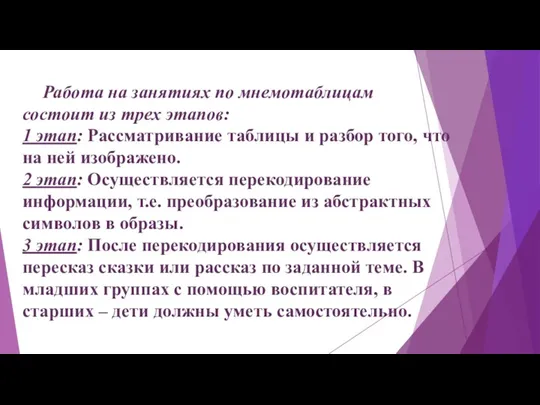 Работа на занятиях по мнемотаблицам состоит из трех этапов: 1