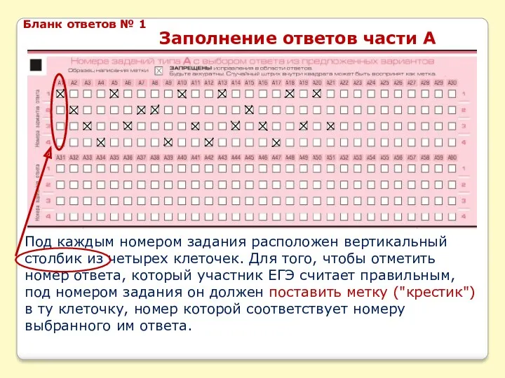 Под каждым номером задания расположен вертикальный столбик из четырех клеточек.