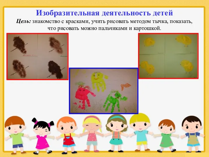 Изобразительная деятельность детей Цель: знакомство с красками, учить рисовать методом тычка, показать, что