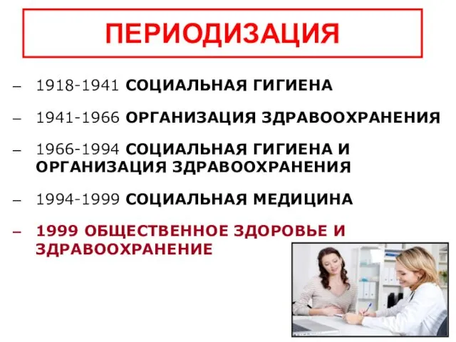 ПЕРИОДИЗАЦИЯ 1918-1941 СОЦИАЛЬНАЯ ГИГИЕНА 1941-1966 ОРГАНИЗАЦИЯ ЗДРАВООХРАНЕНИЯ 1966-1994 СОЦИАЛЬНАЯ ГИГИЕНА