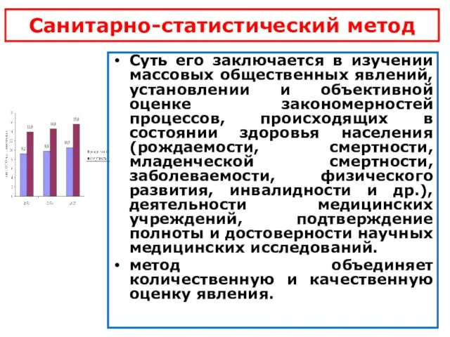 Санитарно-статистический метод Суть его заключается в изучении массовых общественных явлений,