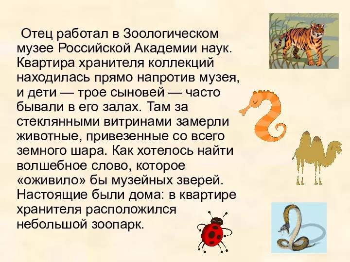 Отец работал в Зоологическом музее Российской Академии наук. Квартира хранителя