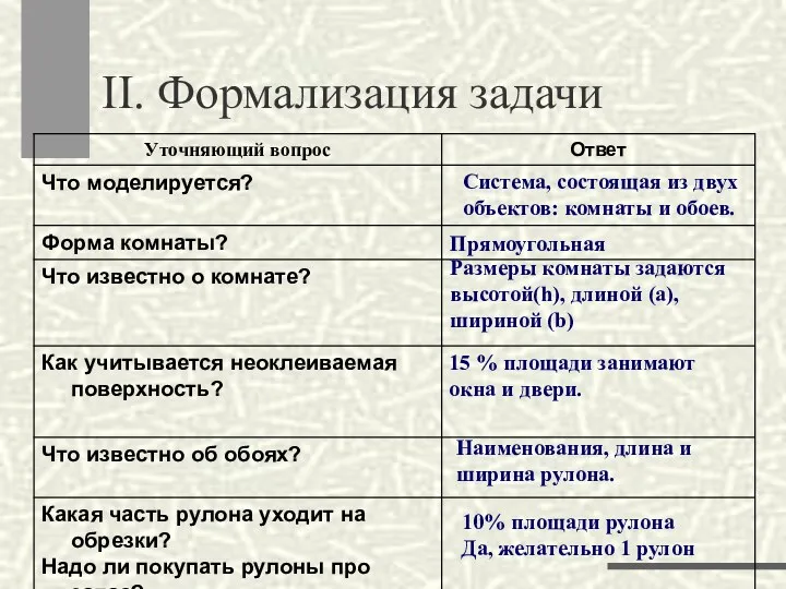 II. Формализация задачи Система, состоящая из двух объектов: комнаты и