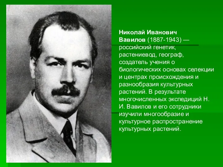 Николай Иванович Вавилов (1887-1943) —российский генетик, растениевод, географ, создатель учения