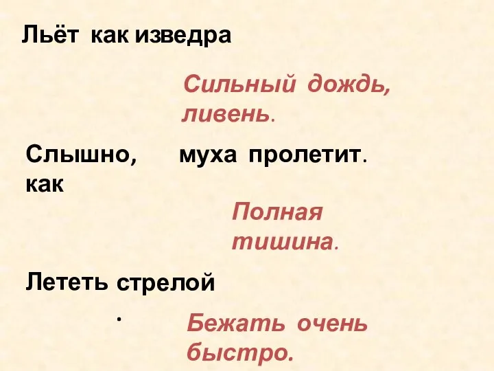 Льёт как из ведра Сильный дождь, ливень. Слышно, как муха