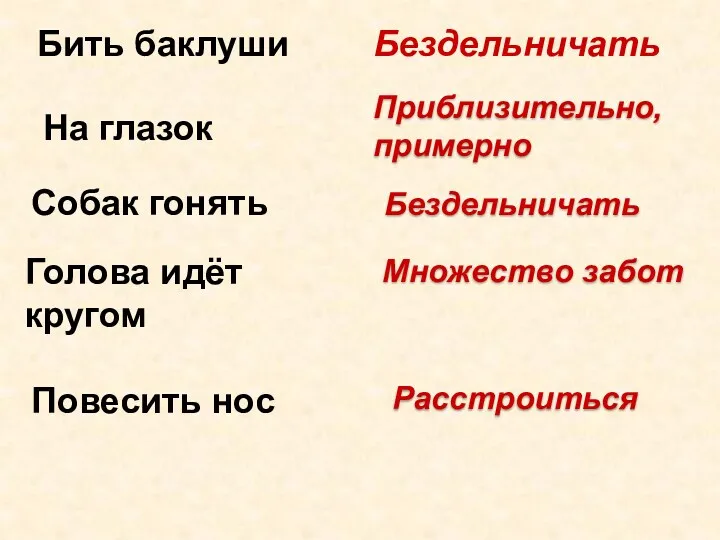 Бить баклуши На глазок Приблизительно, примерно Собак гонять Бездельничать Голова