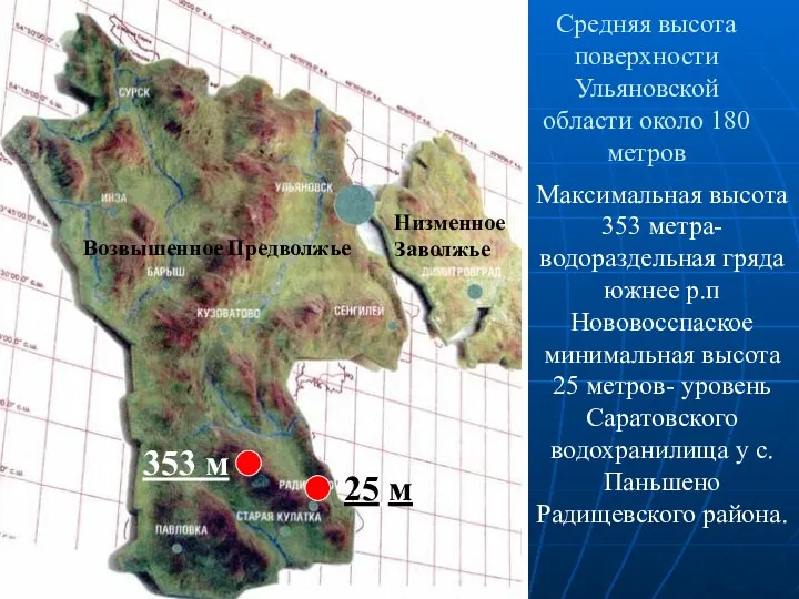 Средняя высота поверхности Ульяновской области около 180 метров Максимальная высота