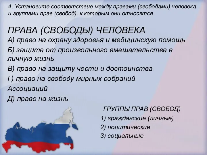 4. Установите соответствие между правами (свободами) человека и группами прав