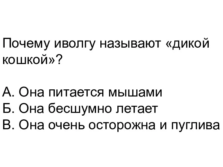 Почему иволгу называют «дикой кошкой»? А. Она питается мышами Б.