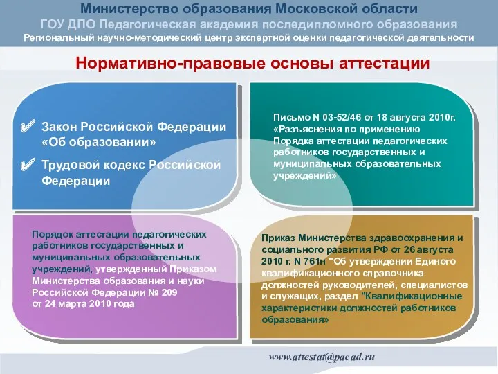 Нормативно-правовые основы аттестации Закон Российской Федерации «Об образовании» Трудовой кодекс