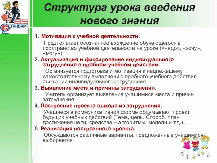 Структура урока введения нового знания 1. Мотивация к учебной деятельности.