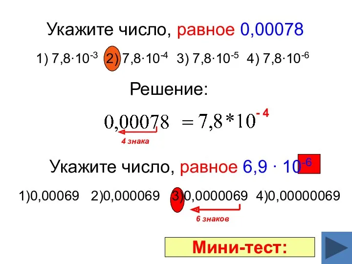 Укажите число, равное 6,9 ∙ 10-6 1)0,00069 2)0,000069 3)0,0000069 4)0,00000069