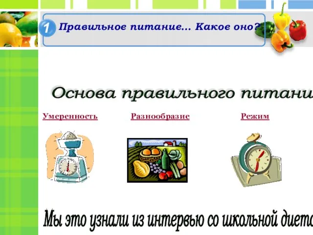 2 Правильное питание… Какое оно? Умеренность Разнообразие Режим Основа правильного