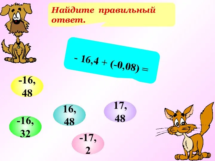 Найдите правильный ответ. - 16,4 + (-0,08) = -16,32 16,48 -17,2 -16,48 17,48