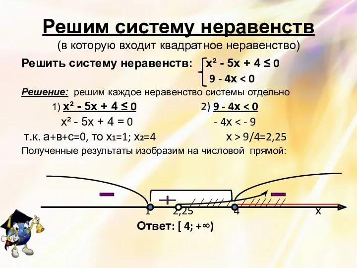 Решим систему неравенств (в которую входит квадратное неравенство) Решить систему