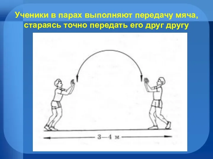 Ученики в парах выполняют передачу мяча, стараясь точно передать его друг другу