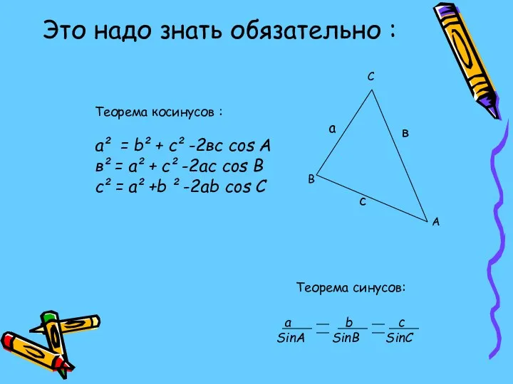 Это надо знать обязательно : Теорема косинусов : а² =