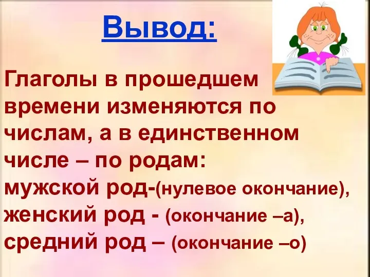 Вывод: Глаголы в прошедшем времени изменяются по числам, а в